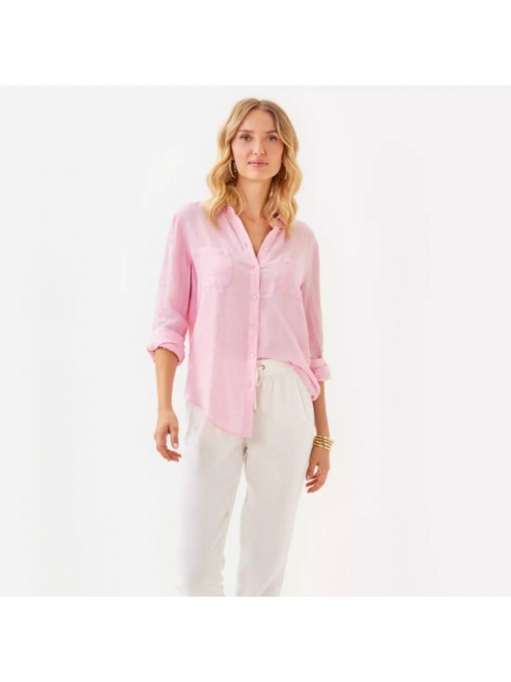 Lilly Pulitzer Sea View Linen Button Down in Conch Shell Pink Large